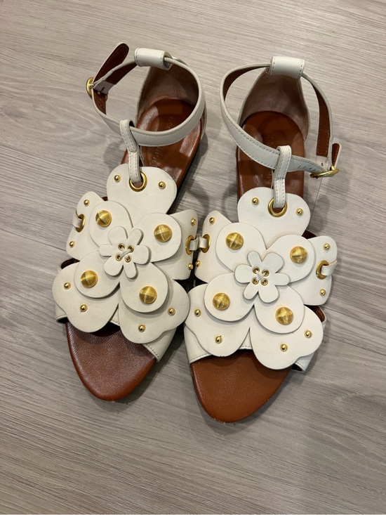 See By Chloe Shoes - See By Chloe White Floral Leather Ankle-Strap Sandals with Gold Accents